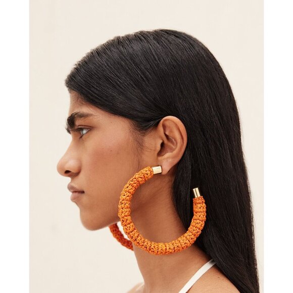 JACQUEMUS Les Creoles Raphia in Orange with box Womens Large Raffia Hoops - Picture 1 of 13